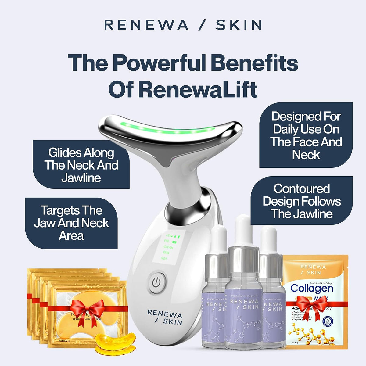 Elevate Your Skincare Routine with the Renewa Skin® Facial Massager - At-Home Beauty Device Featuring Gentle Light, Soothing Vibration, 3 Niacinamide Serums, 4 Collagen Face Masks, and 4 Collagen Eye Masks