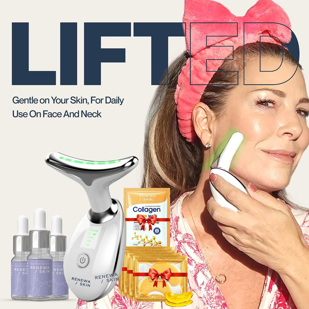 Elevate Your Skincare Routine with the Renewa Skin® Facial Massager - At-Home Beauty Device Featuring Gentle Light, Soothing Vibration, 3 Niacinamide Serums, 4 Collagen Face Masks, and 4 Collagen Eye Masks