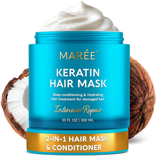 Deep Conditioning Hair Mask for Damaged Hair Treatment – Keratin Hair Care for Hydrating Growth Repair Moisturizing – Dry Curly Color Refreshing – 10 Fl Oz, White