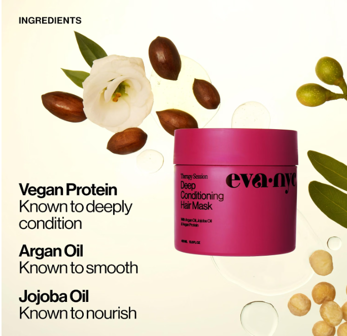 Eva NYC Therapy Session Deep Conditioning Hair Mask with Vegan Protein, Jojoba Oil + Argan Oil - Hydrate, Soften + Repair Hair Strength - Sulfate Free - Warm Vanilla Scent - 13.5 Fl Oz